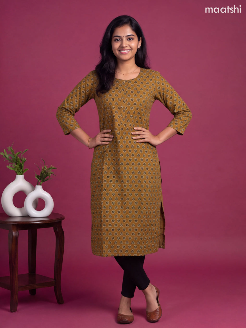 Mustard Yellow Cotton Printed Straight Kurti