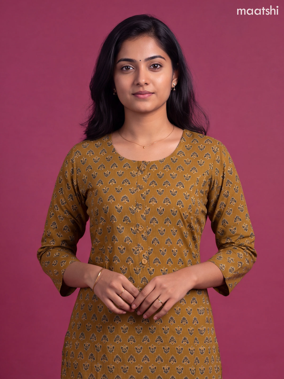 Mustard Yellow Cotton Printed Straight Kurti