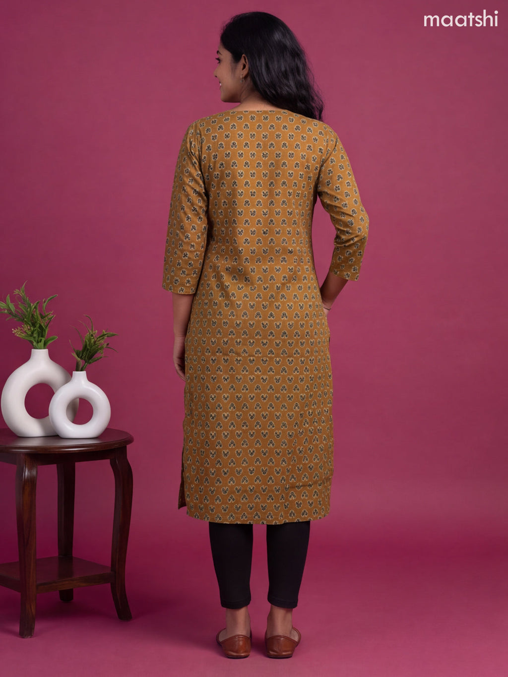 Mustard Yellow Cotton Printed Straight Kurti
