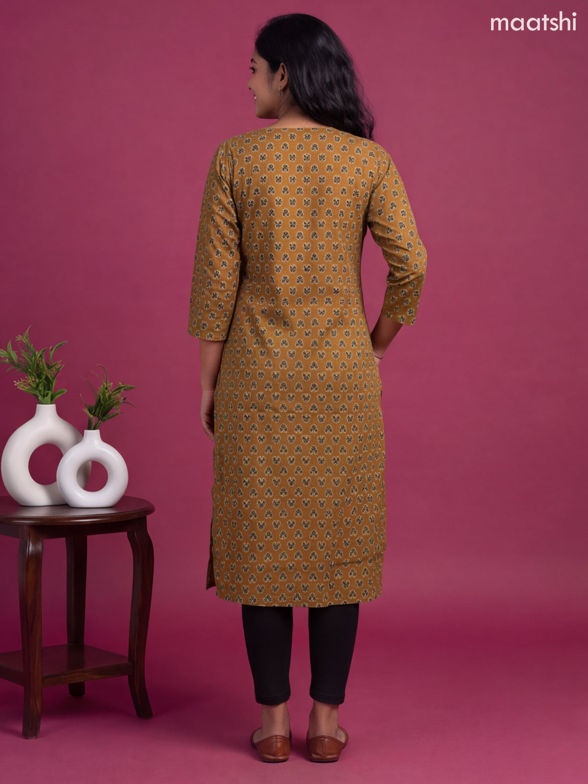 Mustard Yellow Cotton Printed Straight Kurti