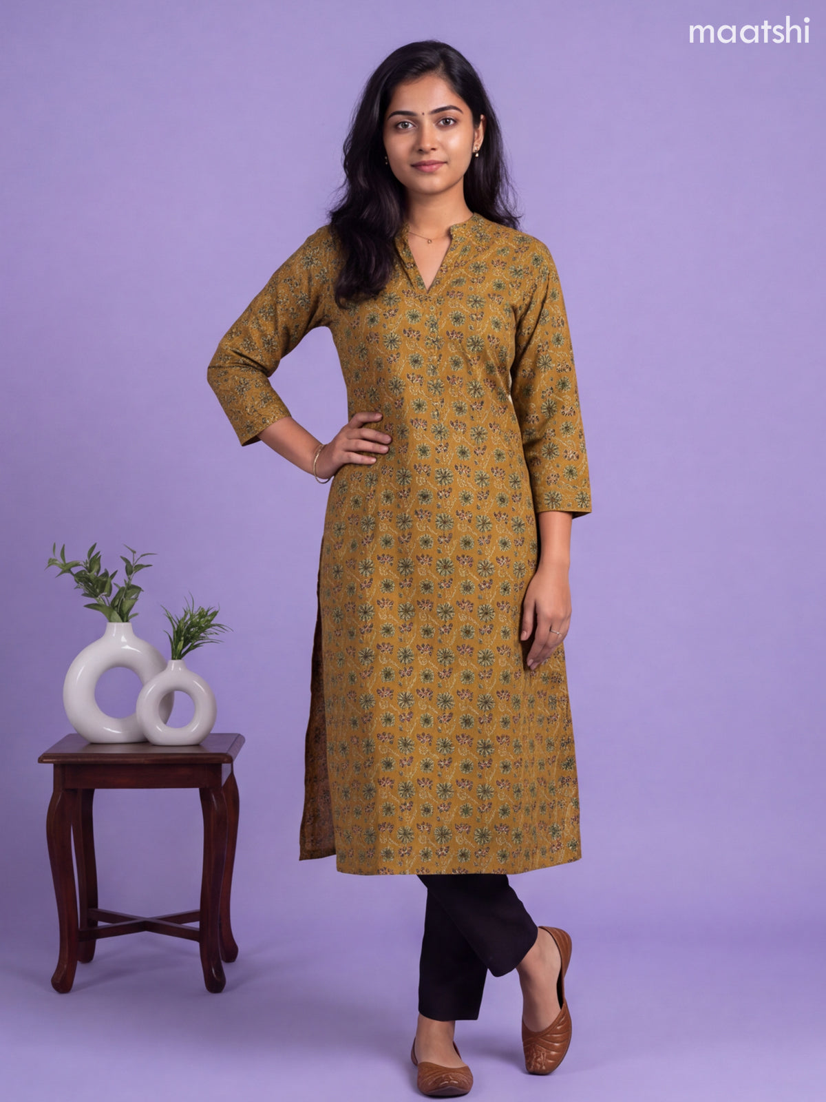 Mustard Yellow Cotton Printed Straight Kurti