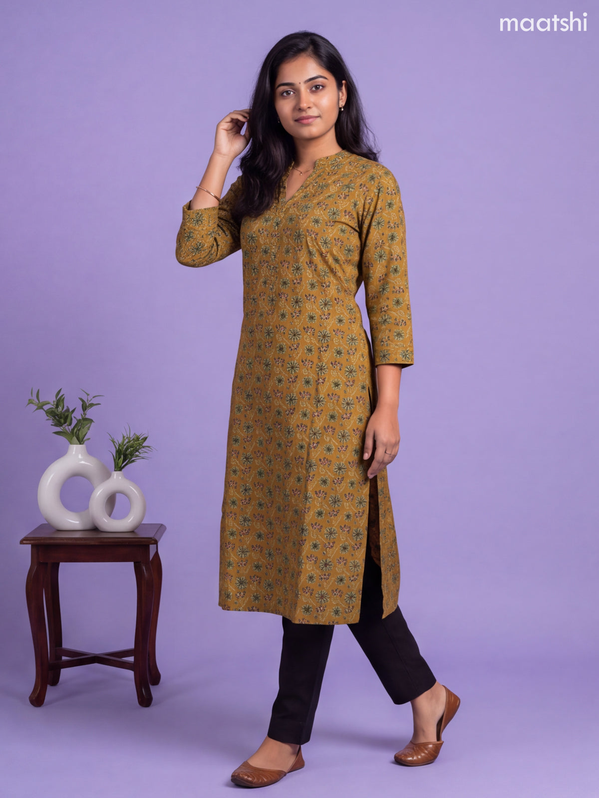 Mustard Yellow Cotton Printed Straight Kurti