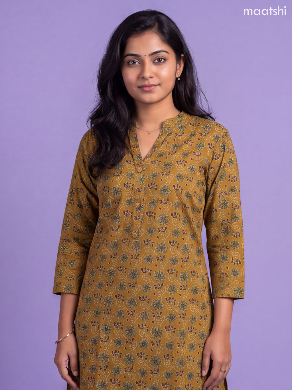 Mustard Yellow Cotton Printed Straight Kurti