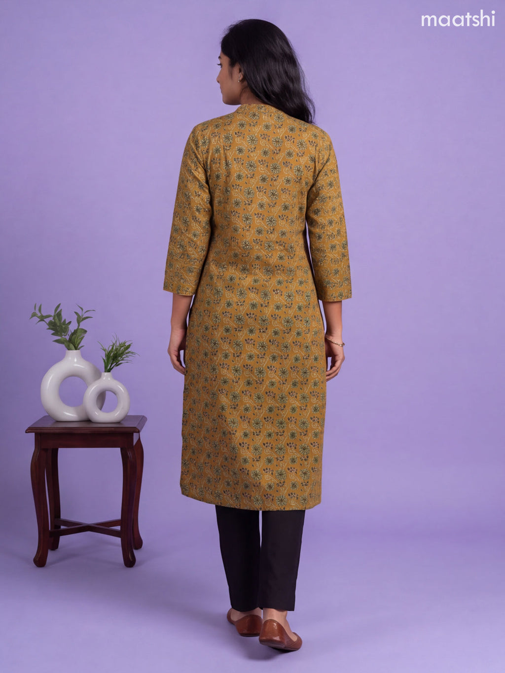 Mustard Yellow Cotton Printed Straight Kurti