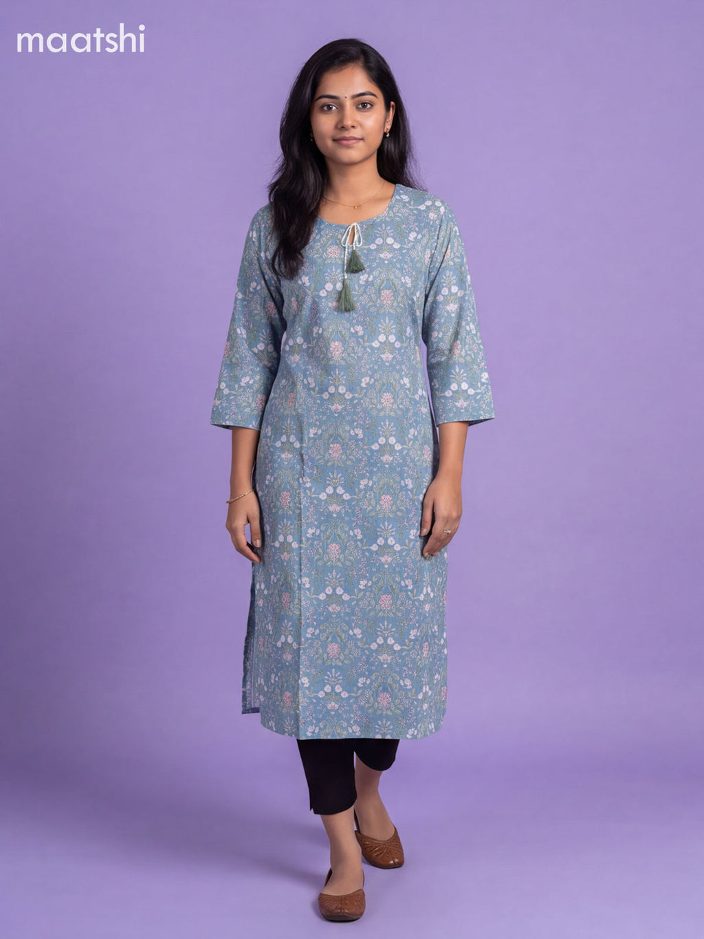 Light Blue Cotton Printed Straight Kurti