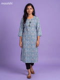 Light Blue Cotton Printed Straight Kurti