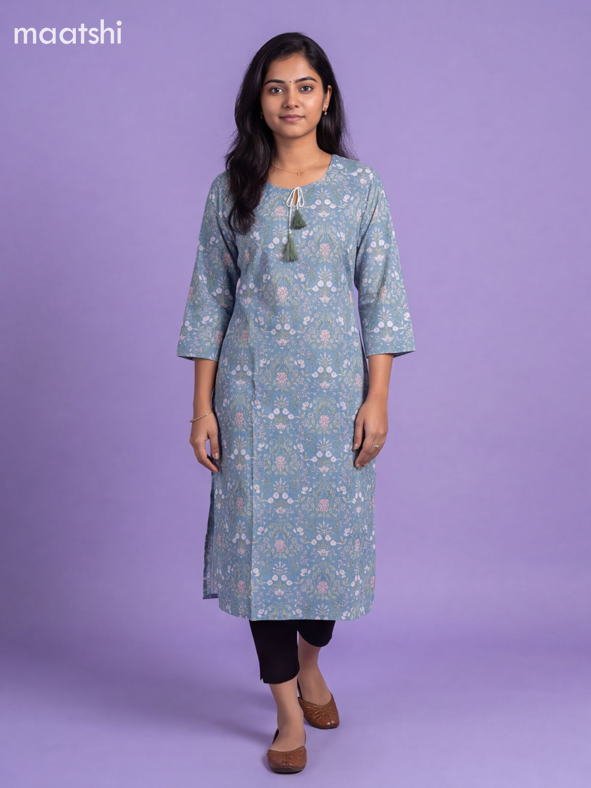 Light Blue Cotton Printed Straight Kurti