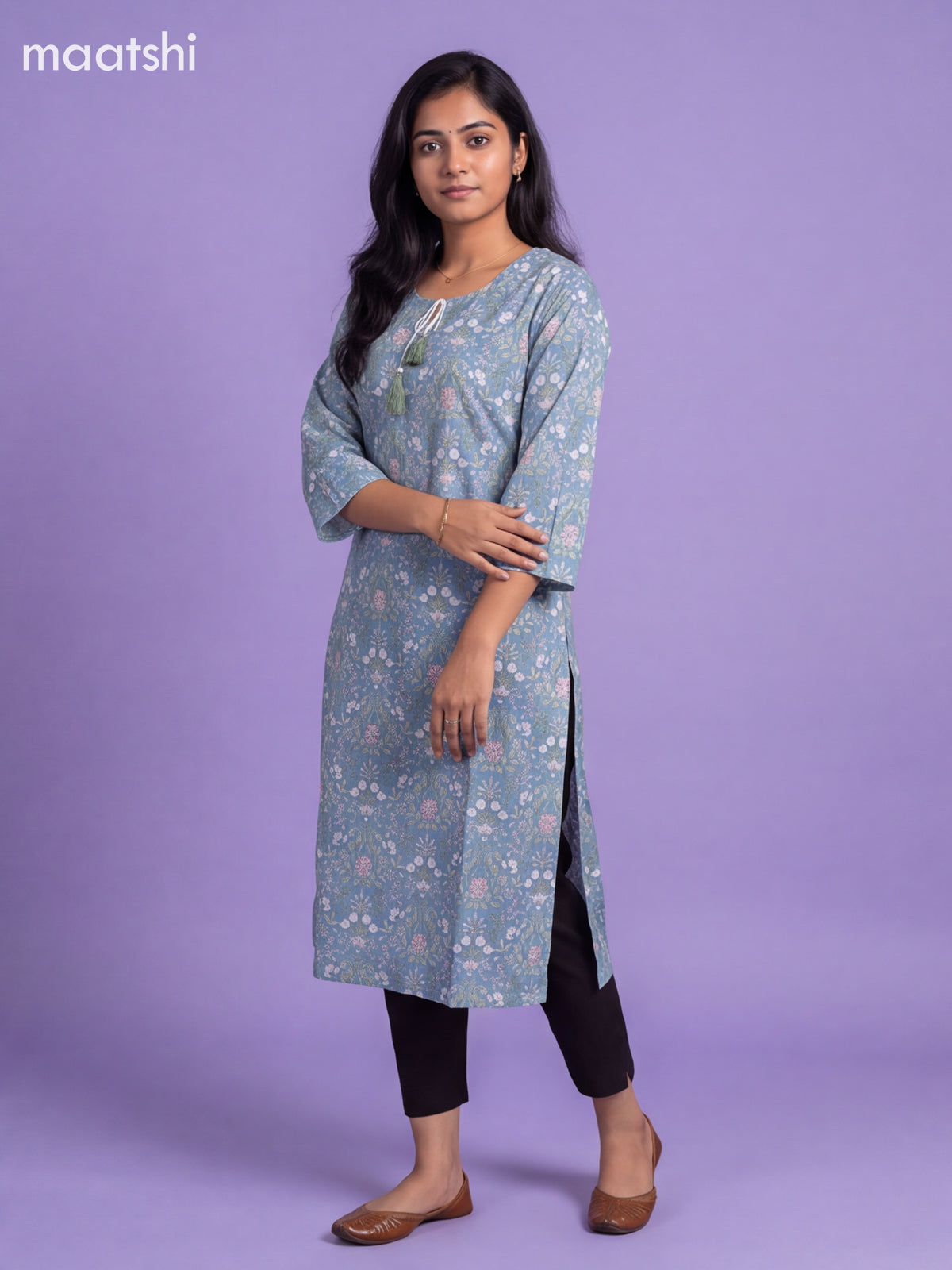 Light Blue Cotton Printed Straight Kurti