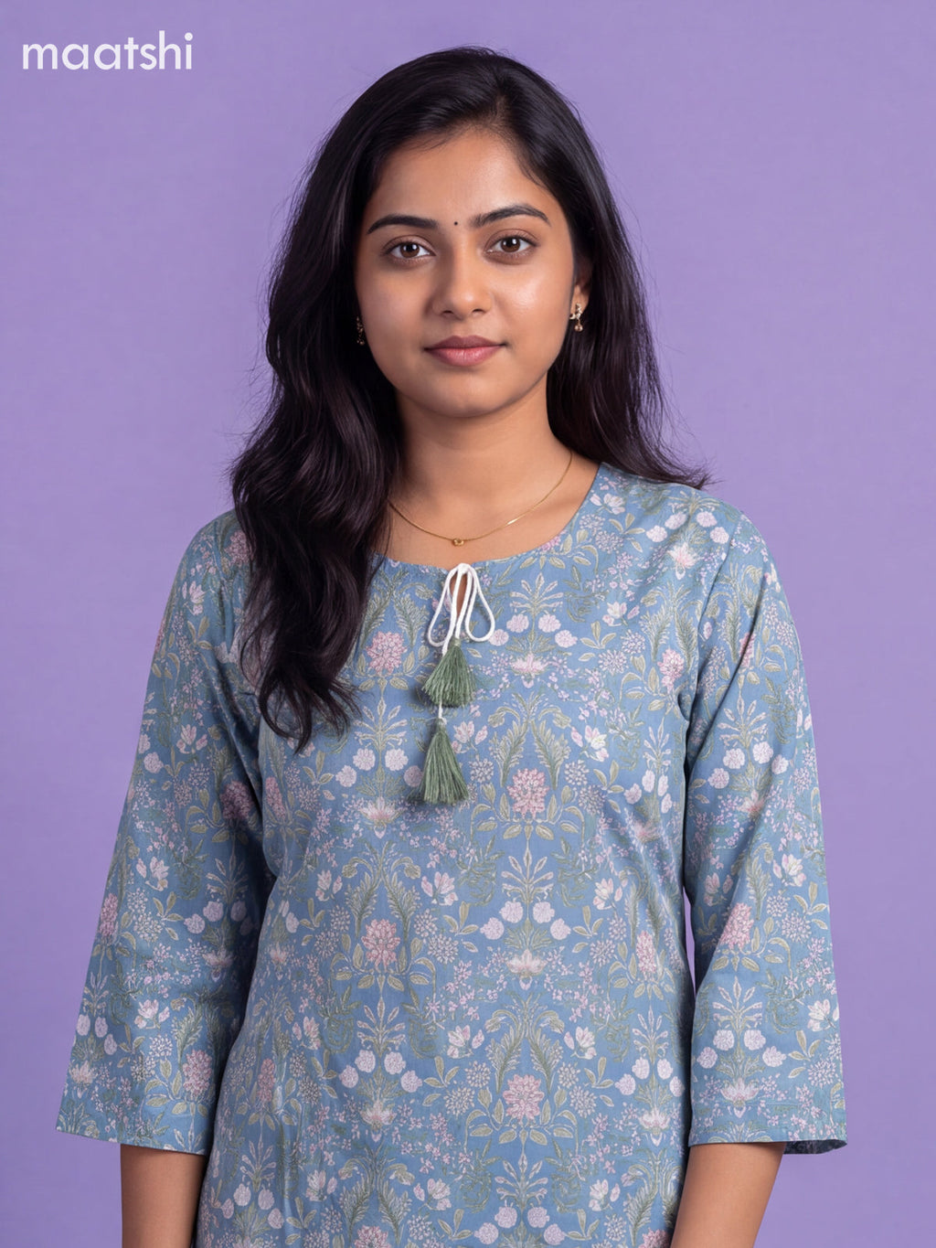 Light Blue Cotton Printed Straight Kurti