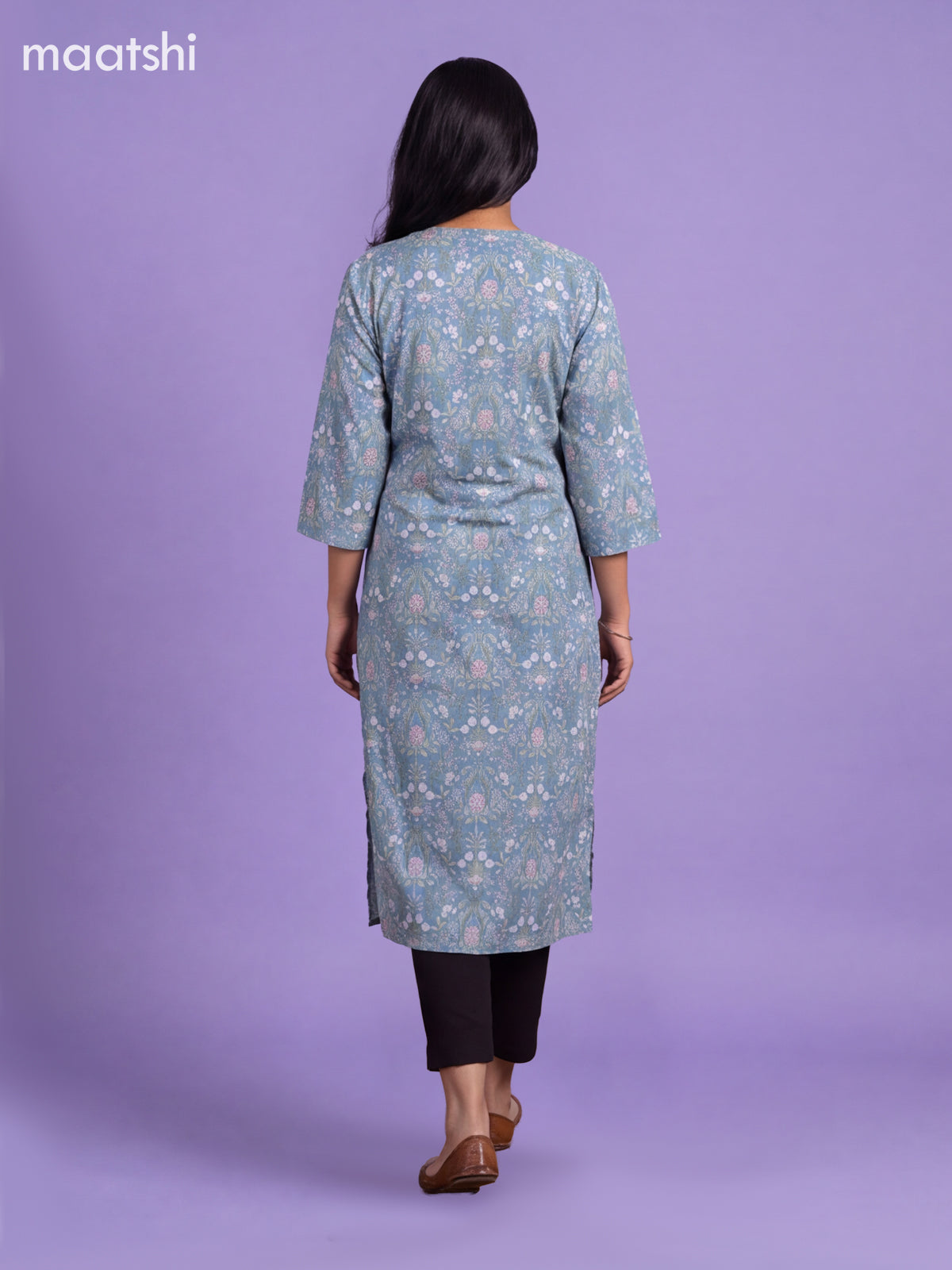 Light Blue Cotton Printed Straight Kurti