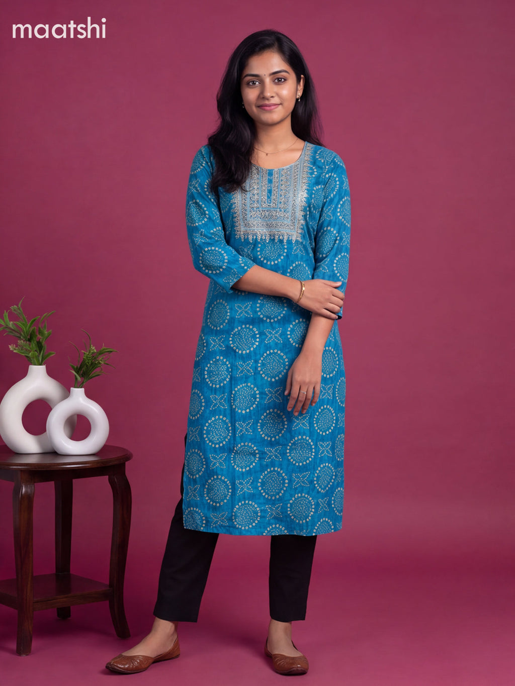 Blue Cotton Embroidery Work Straight Kurti