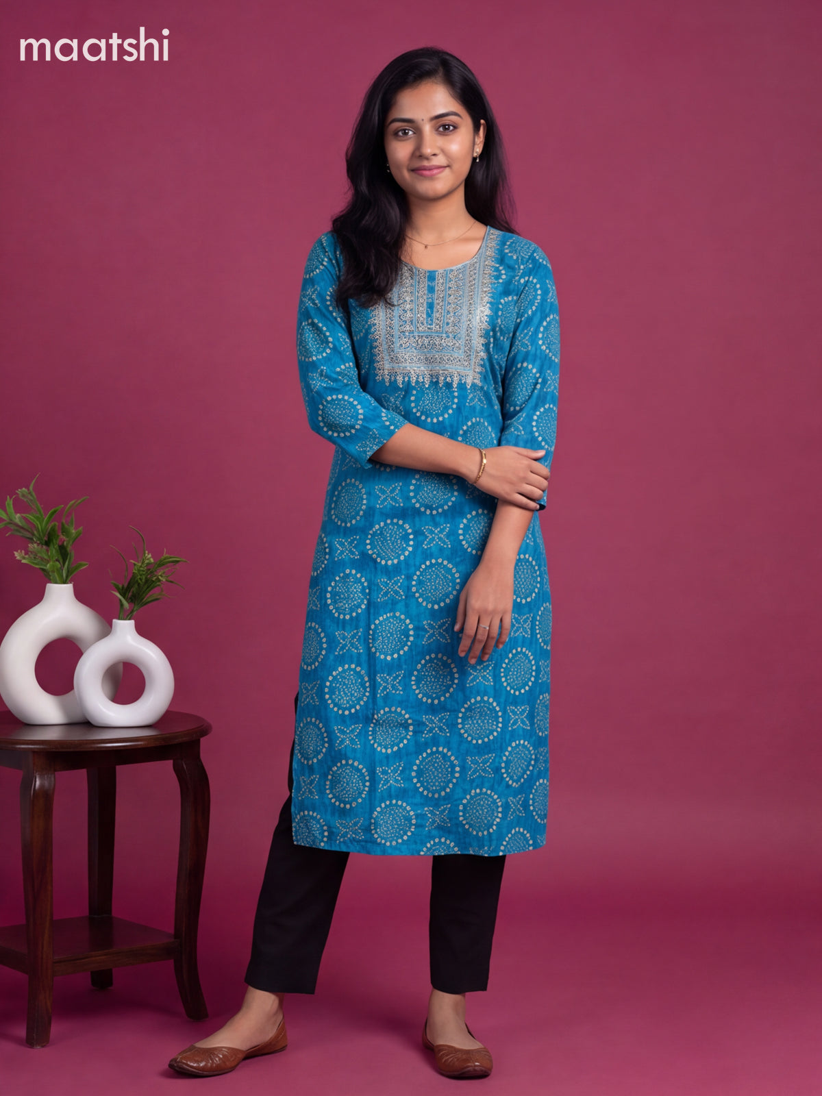 Blue Cotton Embroidery Work Straight Kurti