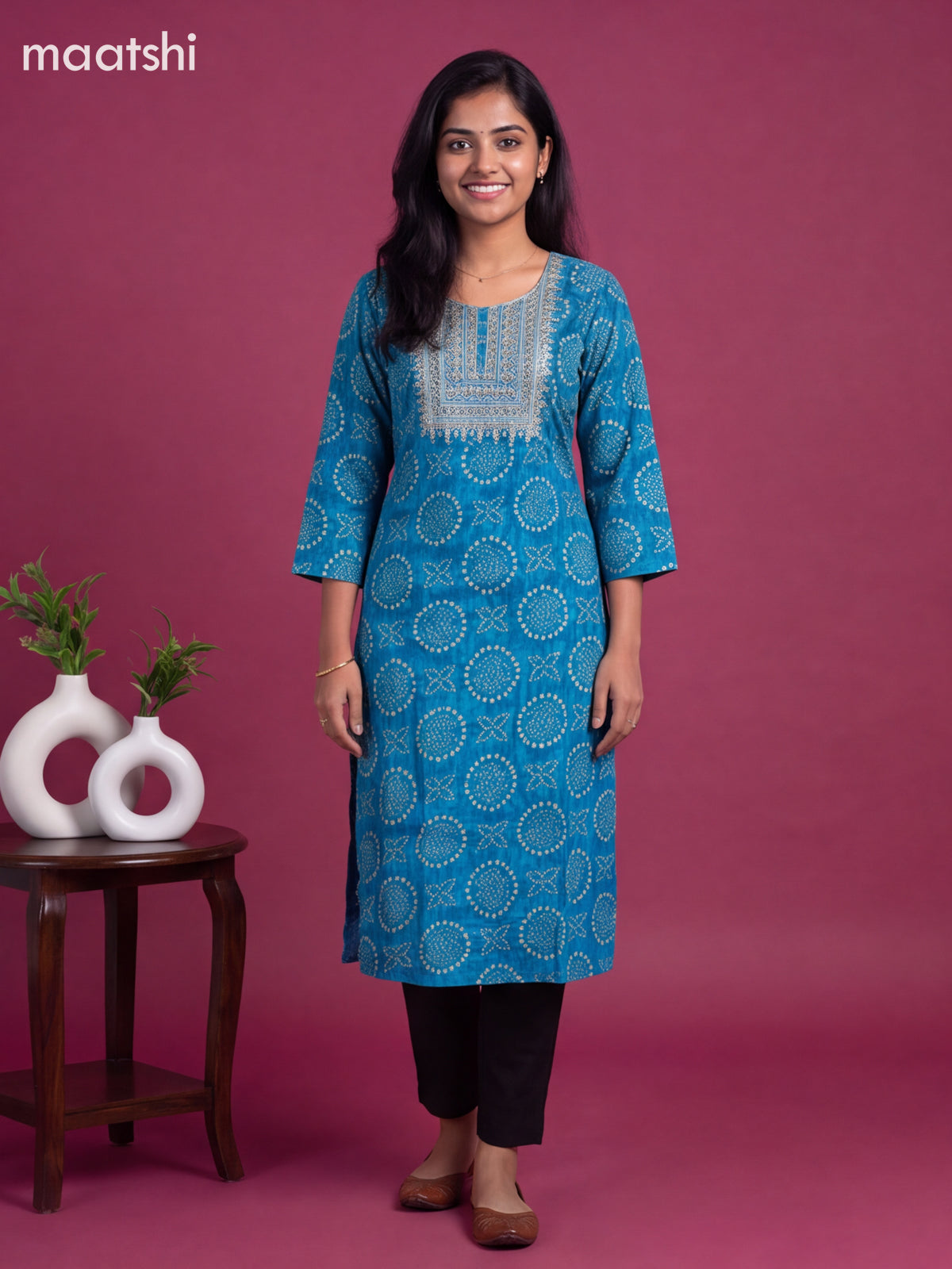 Blue Cotton Embroidery Work Straight Kurti