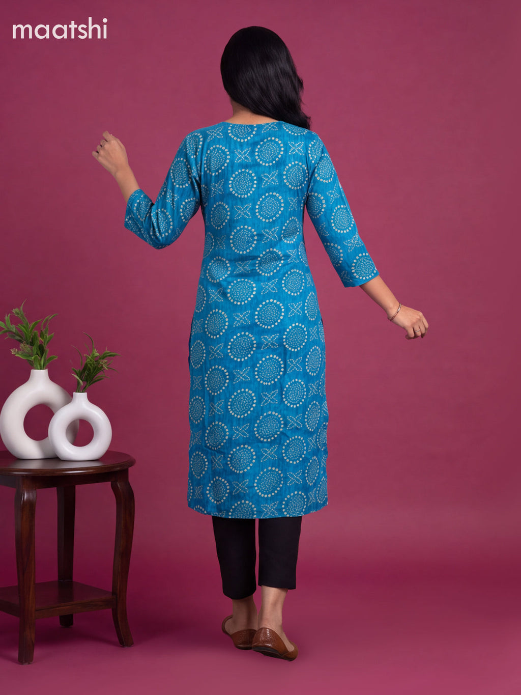 Blue Cotton Embroidery Work Straight Kurti