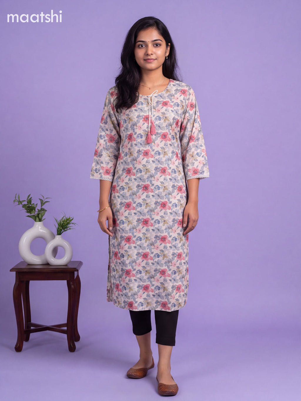 Cream Cotton Printed Straight Kurti