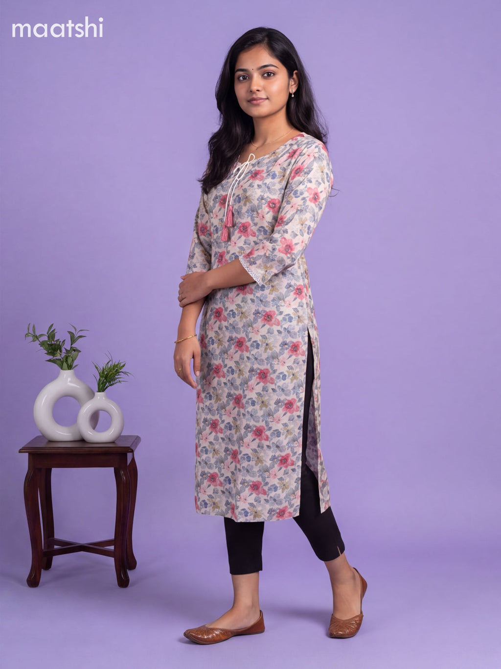 Cream Cotton Printed Straight Kurti