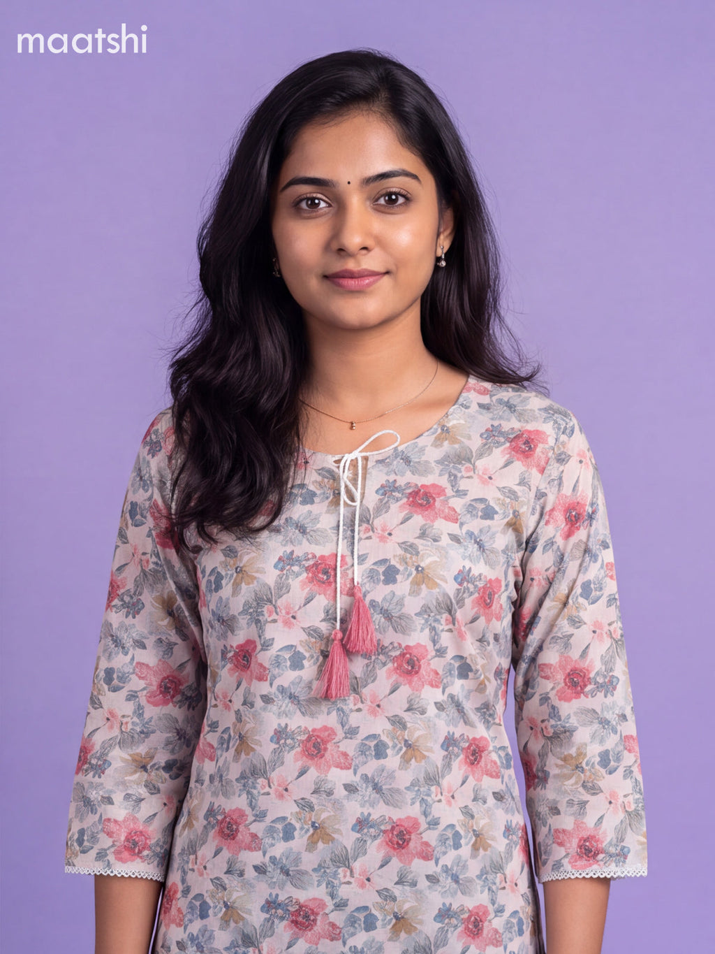 Cream Cotton Printed Straight Kurti