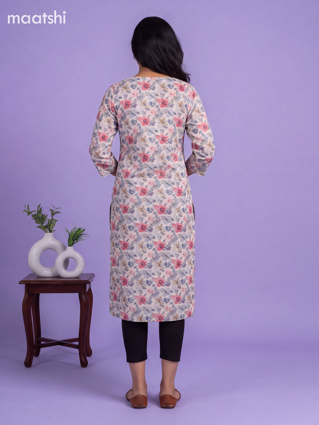 Cream Cotton Printed Straight Kurti