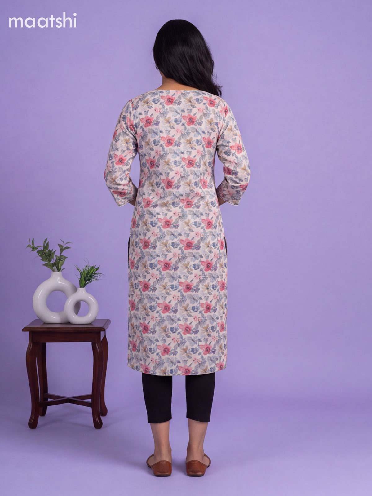 Cream Cotton Printed Straight Kurti
