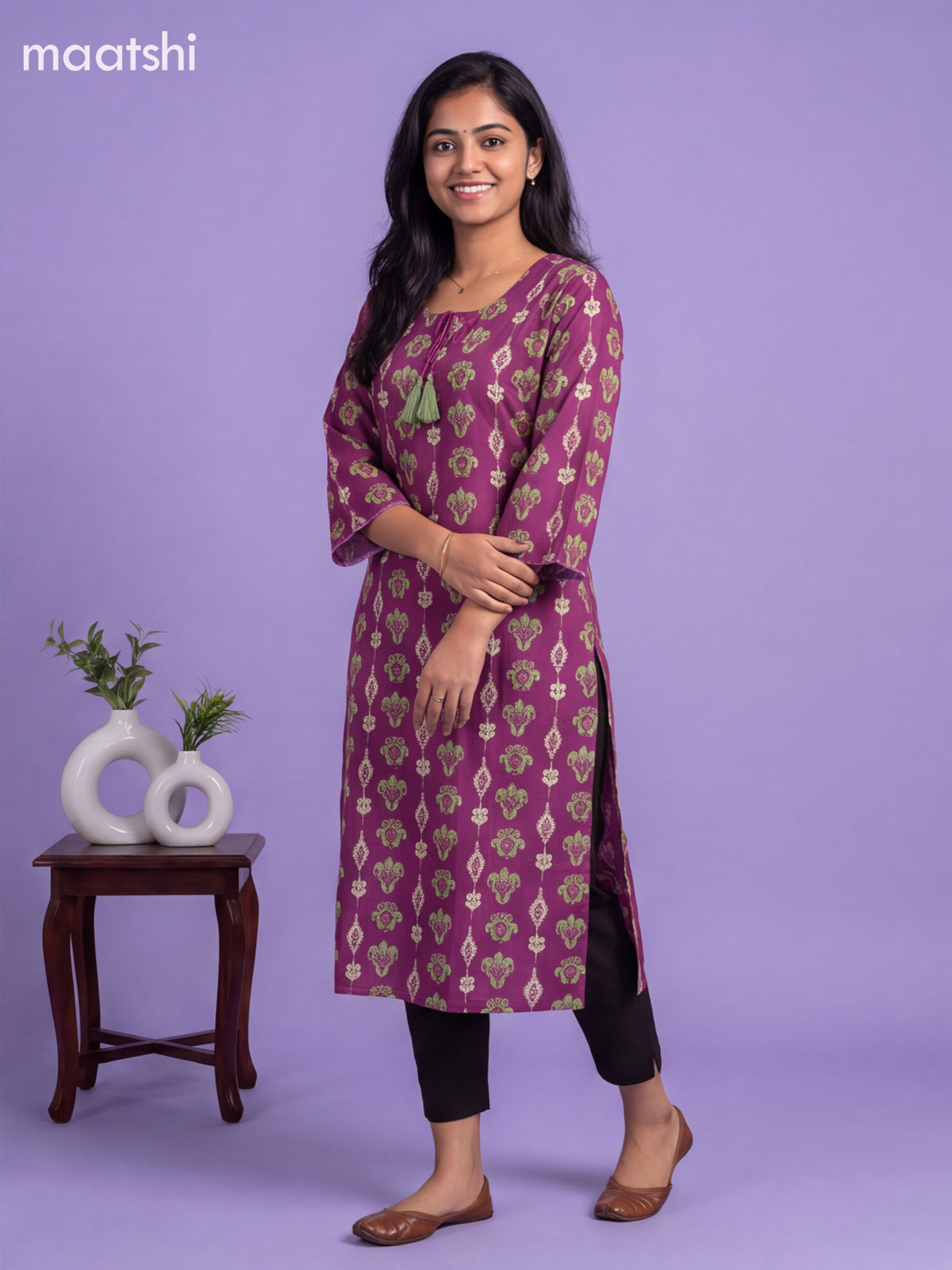 Purple Cotton Printed Straight Kurti