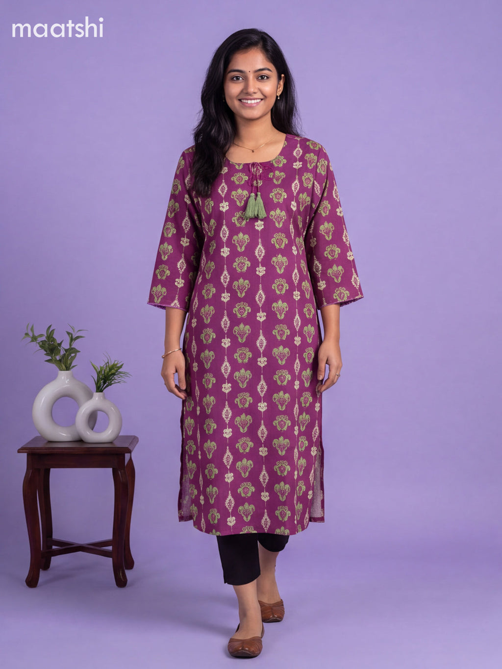 Purple Cotton Printed Straight Kurti