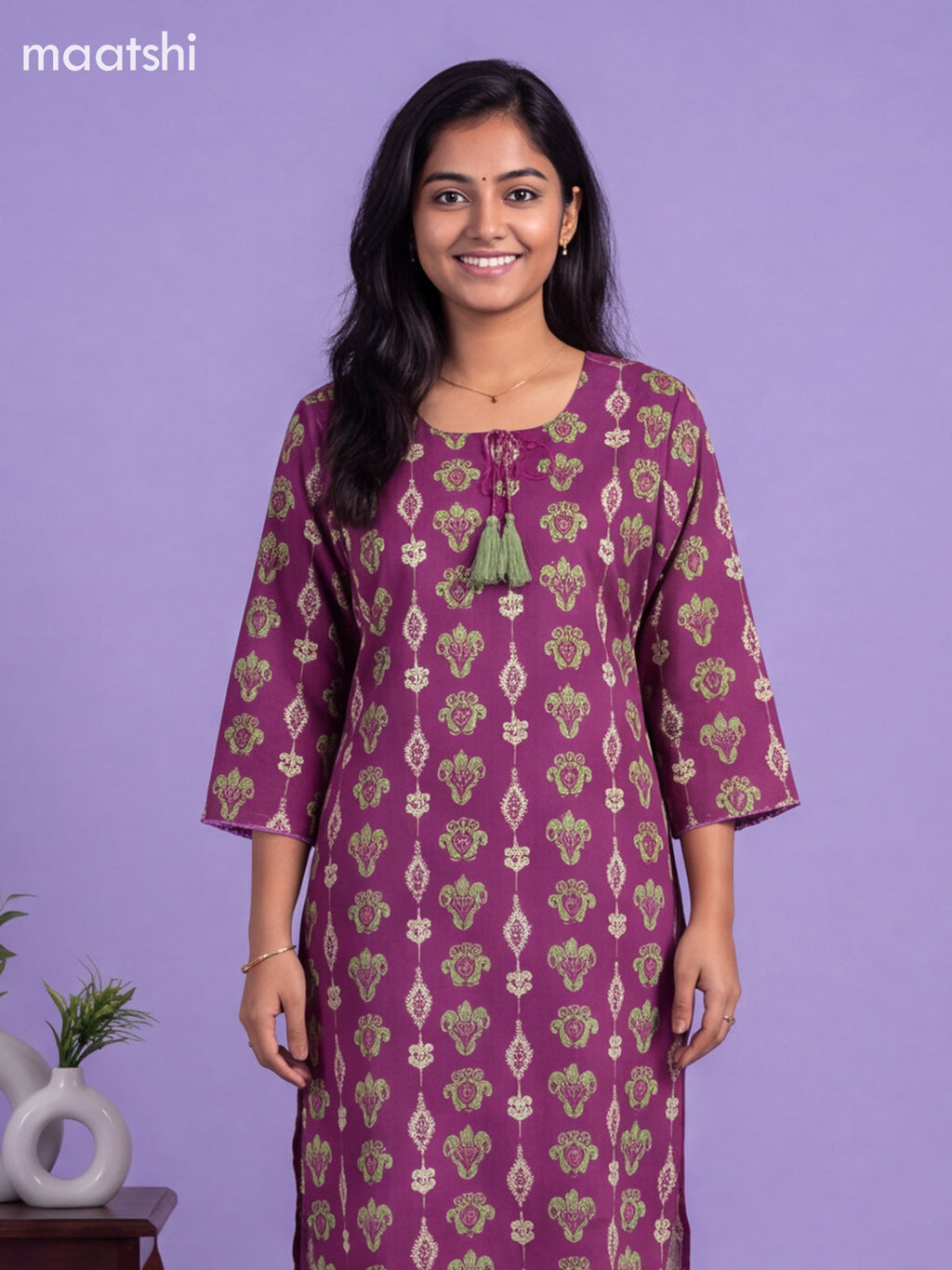 Purple Cotton Printed Straight Kurti