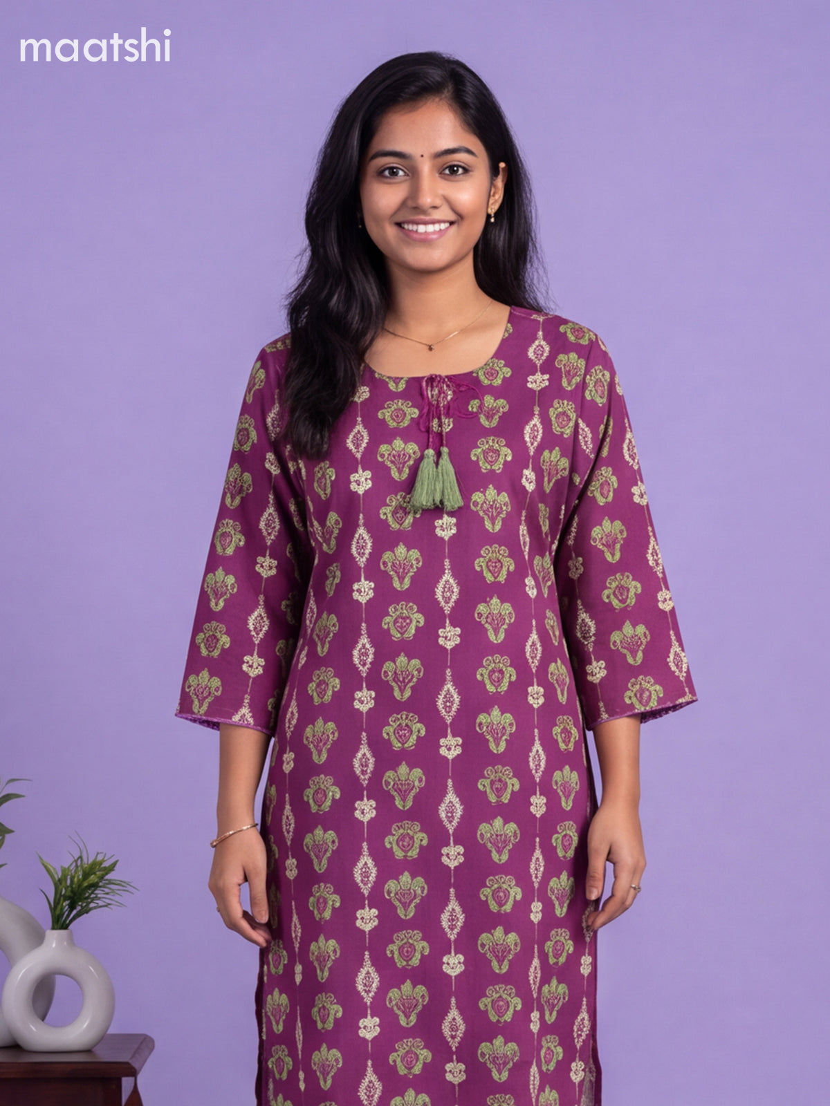 Purple Cotton Printed Straight Kurti