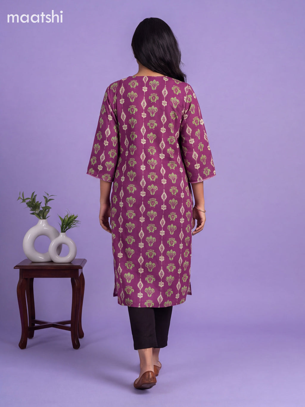 Purple Cotton Printed Straight Kurti