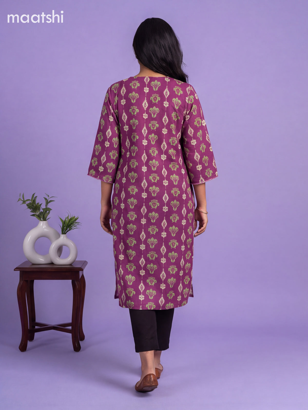Purple Cotton Printed Straight Kurti