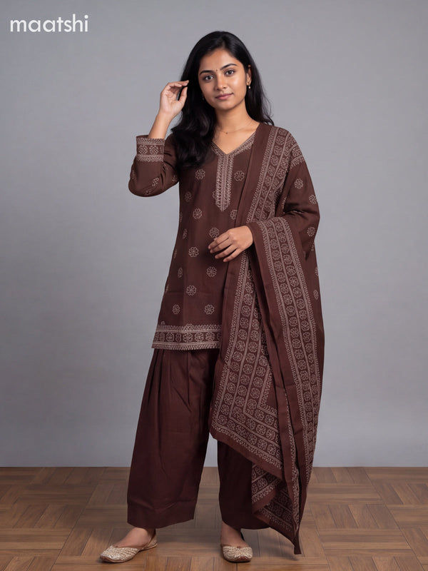 Brown Cotton Printed Straight Suit