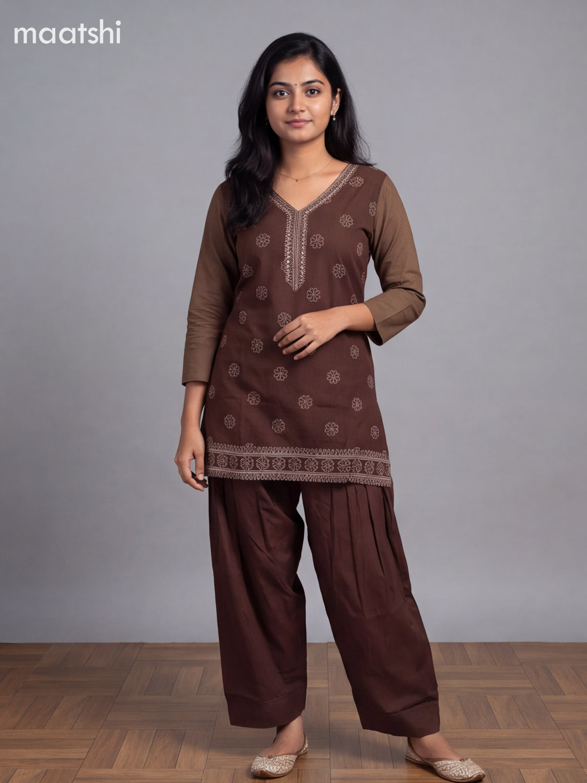 Brown Cotton Printed Straight Suit