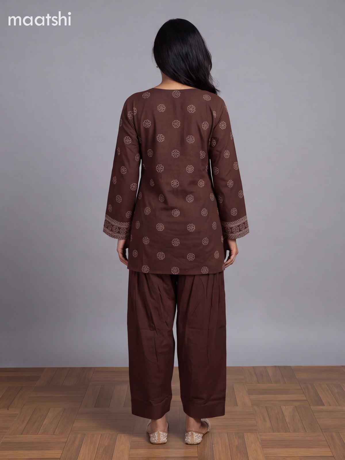 Brown Cotton Printed Straight Suit