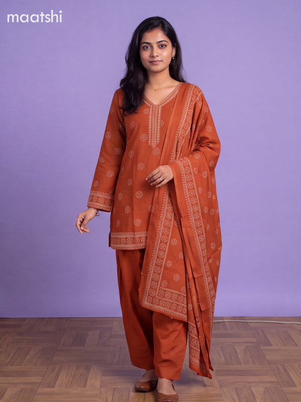 Rustic Orange Cotton Printed Straight Suit