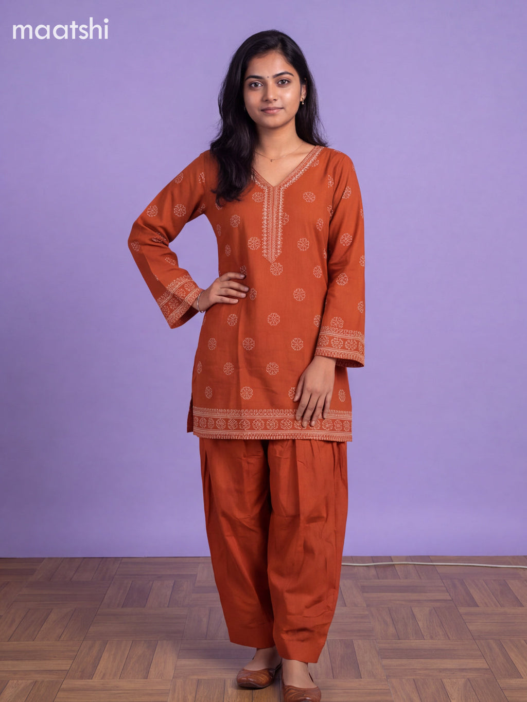 Rustic Orange Cotton Printed Straight Suit
