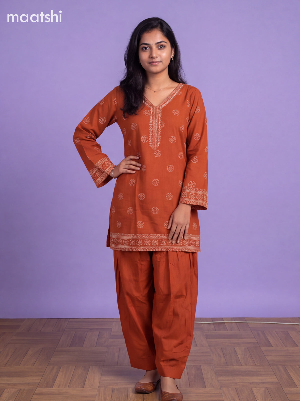 Rustic Orange Cotton Printed Straight Suit