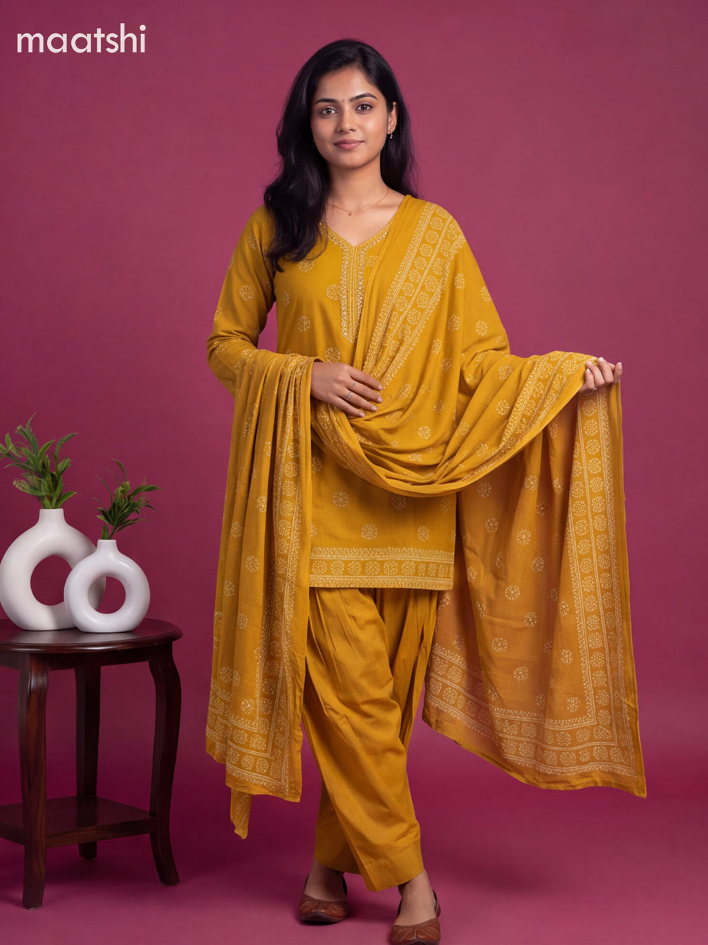 Mustard Yellow Cotton Printed Straight Suit