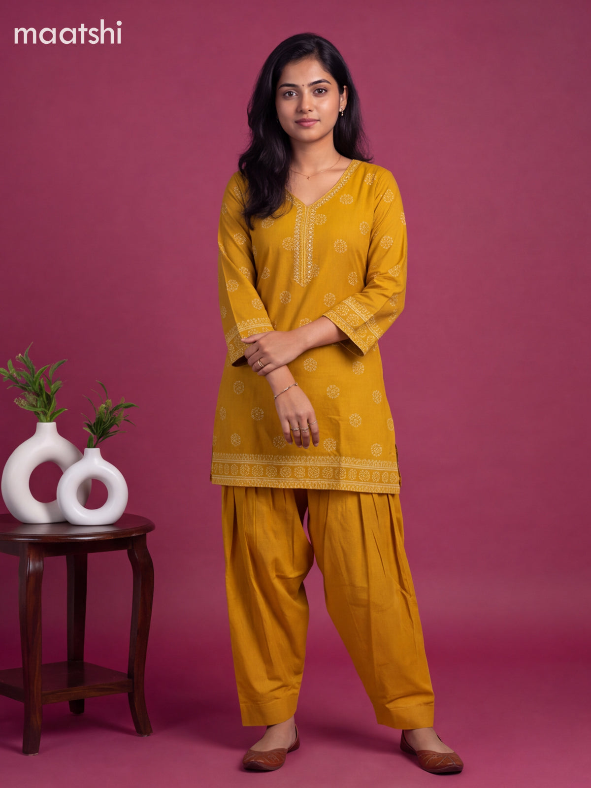 Mustard Yellow Cotton Printed Straight Suit