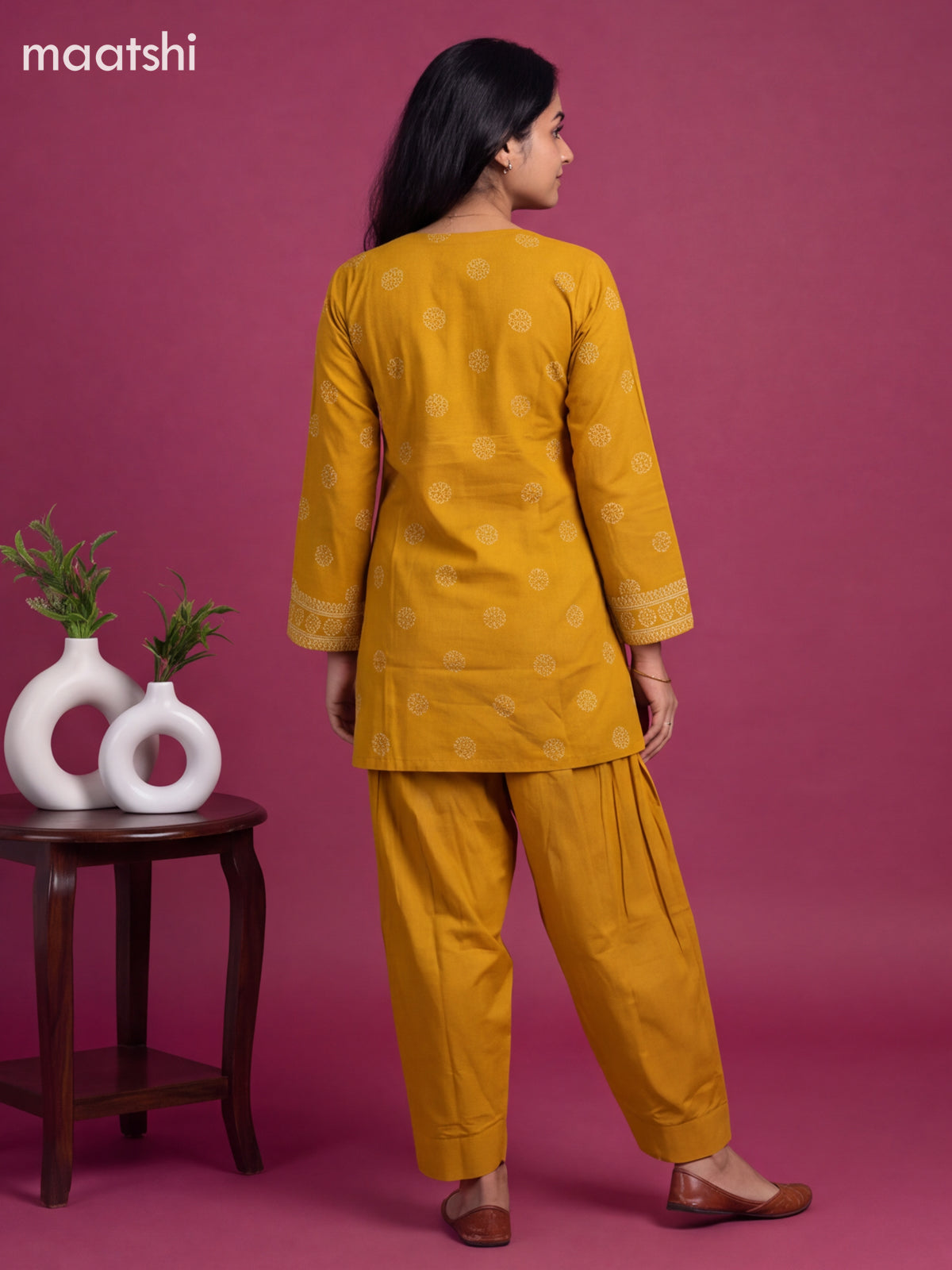 Mustard Yellow Cotton Printed Straight Suit