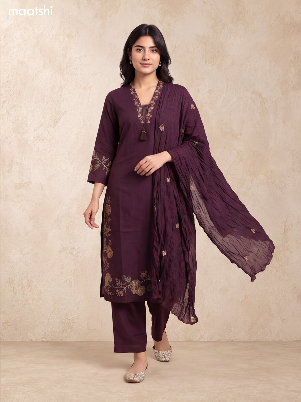 Brown Cotton Embroidery Work Straight Suit