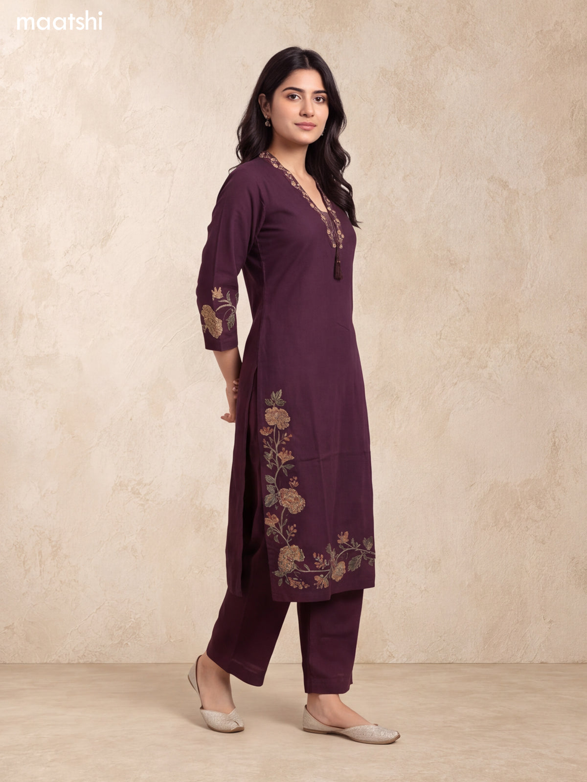 Brown Cotton Embroidery Work Straight Suit