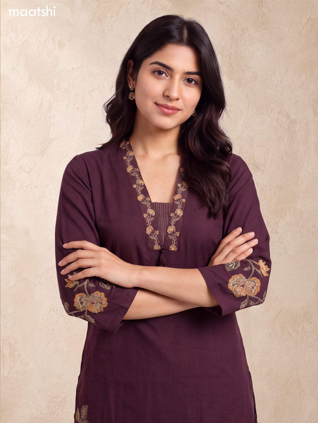 Brown Cotton Embroidery Work Straight Suit