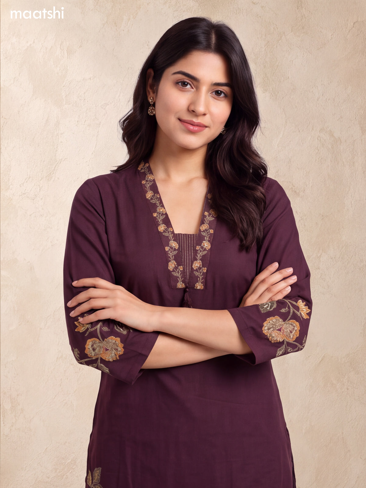 Brown Cotton Embroidery Work Straight Suit
