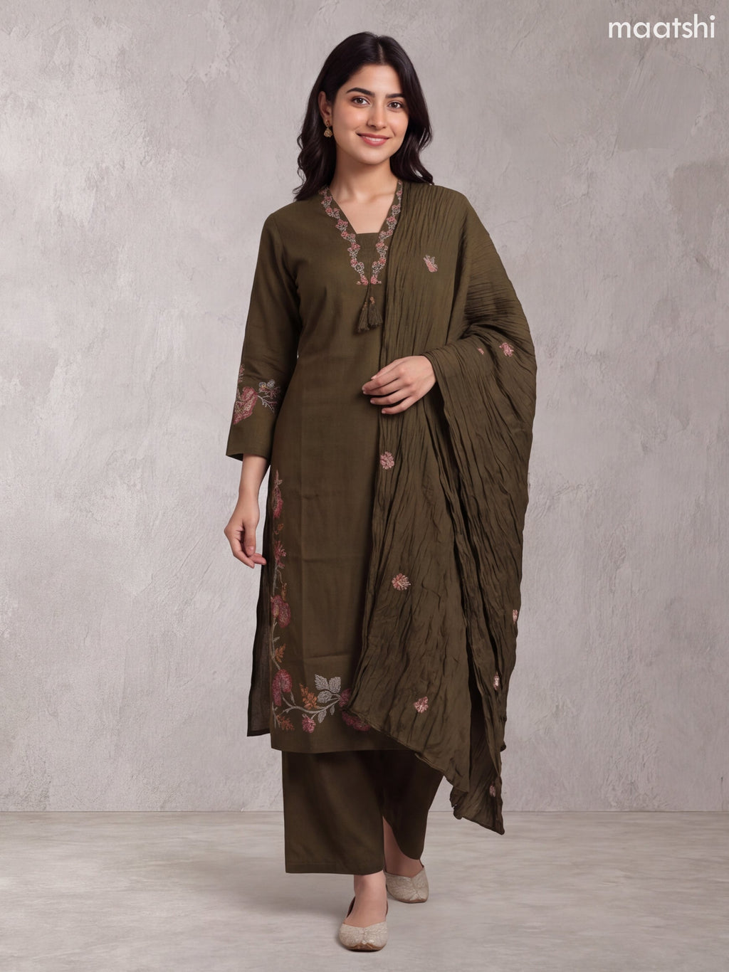 Mehendi Green Cotton Embroidery Work Straight Suit