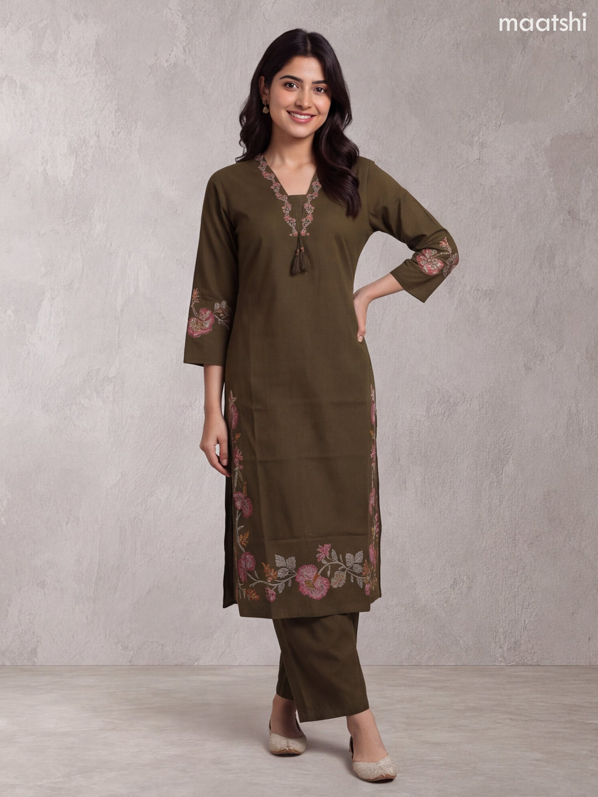 Mehendi Green Cotton Embroidery Work Straight Suit