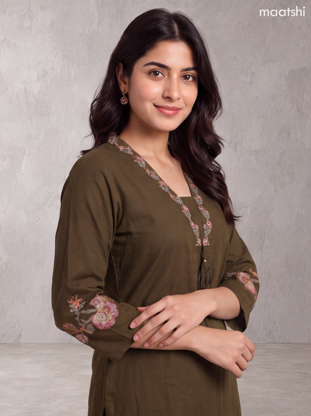 Mehendi Green Cotton Embroidery Work Straight Suit