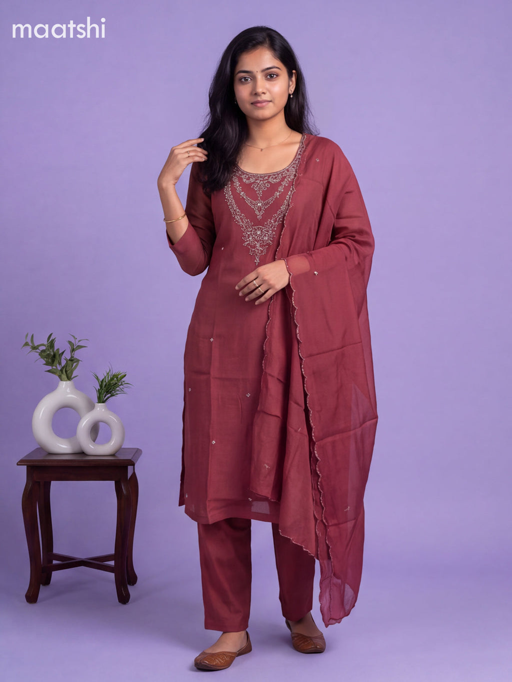 Rustic Maroon Mul Chanderi Embroidery Work Straight Suit