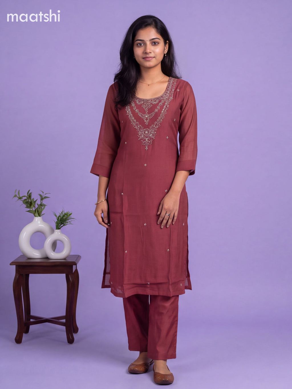 Rustic Maroon Mul Chanderi Embroidery Work Straight Suit