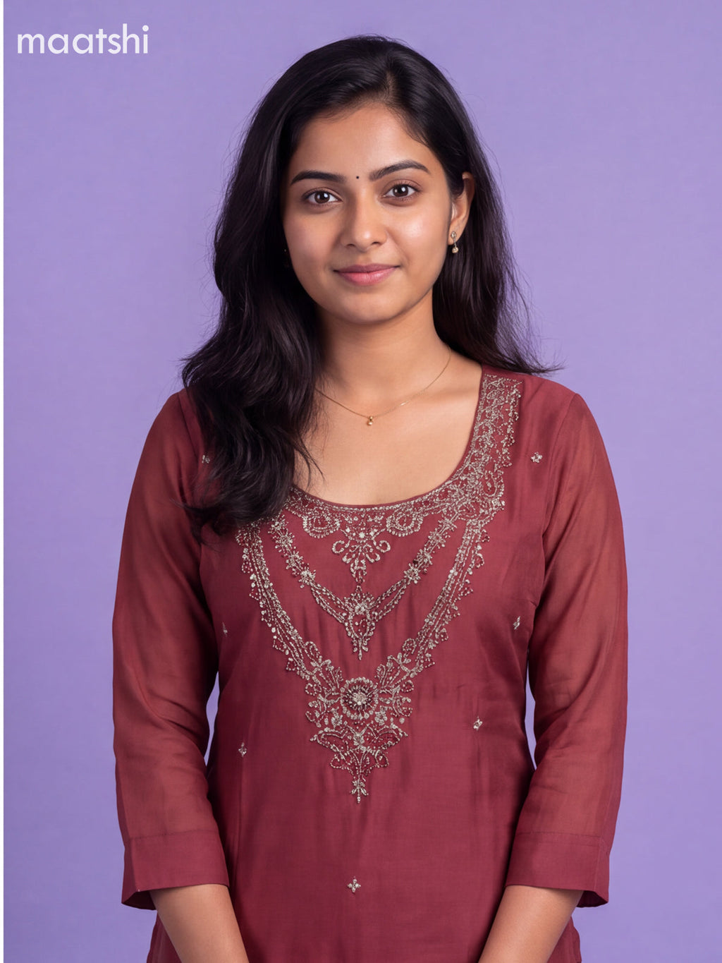 Rustic Maroon Mul Chanderi Embroidery Work Straight Suit