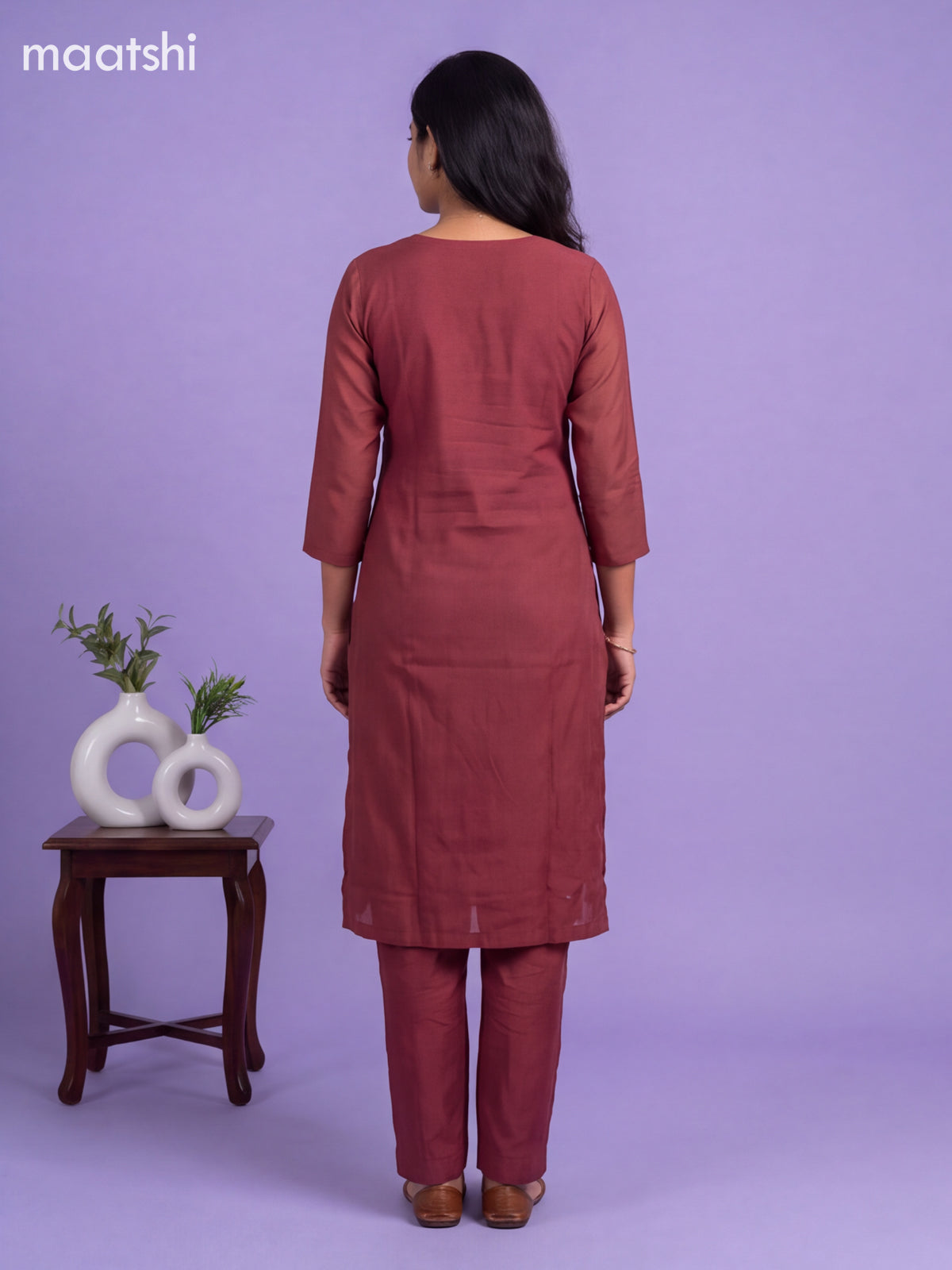 Rustic Maroon Mul Chanderi Embroidery Work Straight Suit