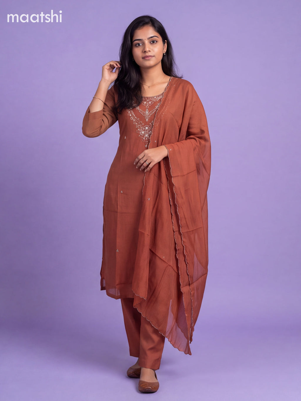 Brown Mul Chanderi Embroidery Work Straight Suit